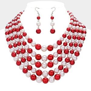 Red & White Pearls Five Row MultiStrand Layered Necklace Set 2 Tone Design